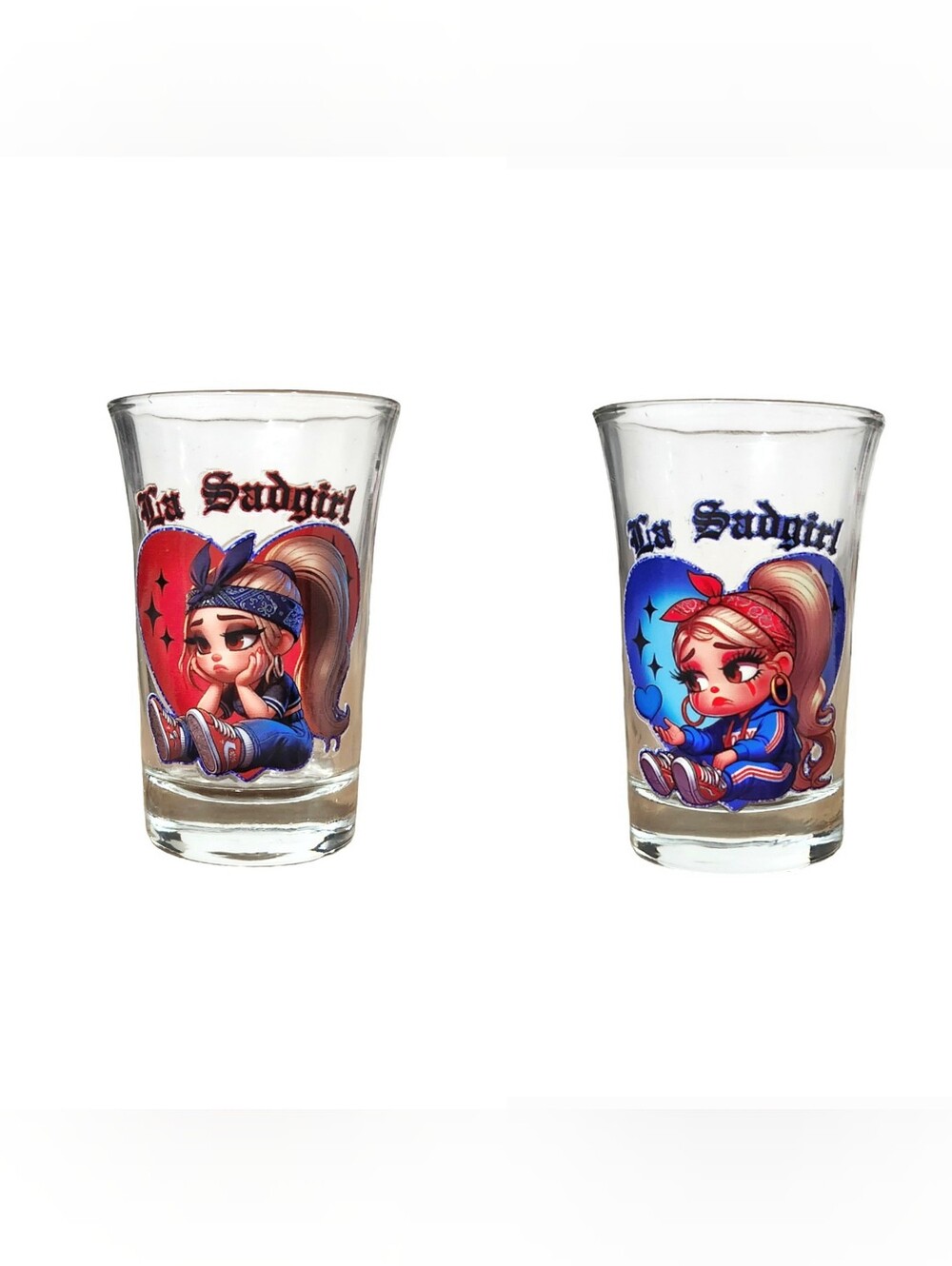 La Sad Girl Chicana Hearts 2 pc Tequila Shot Glasses